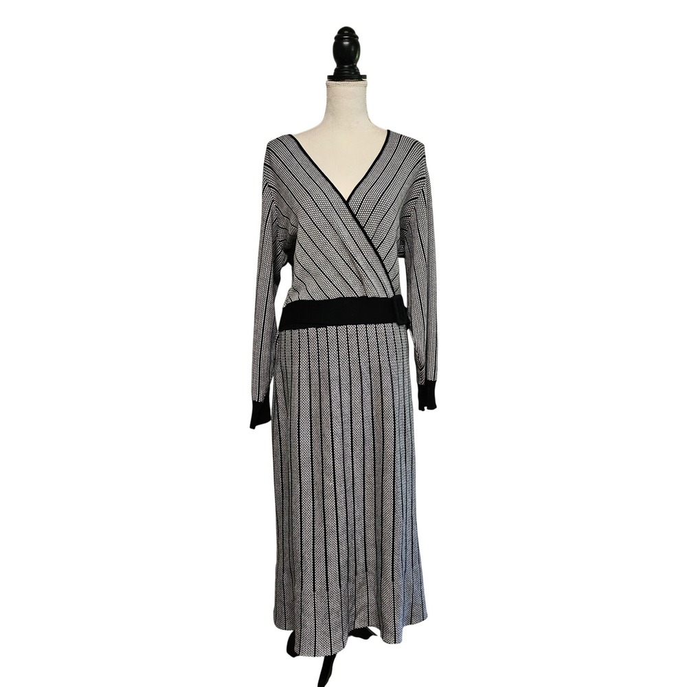 Black & Gray Striped Faux Wrap Sweater Midi Dress Size 2X Office Minimalist Goth
